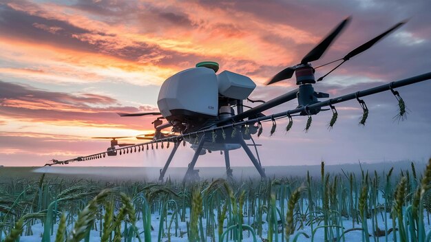 Foto agrodrone pulveriza fileiras de brotos de trigo de inverno em um fundo de belo céu o conceito de modo