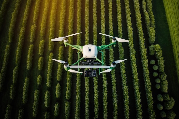 Agronom-Drohne über Feld mit gesunder Vegetation in Form von grünen Pflanzen, die mit generativer KI erzeugt wurden