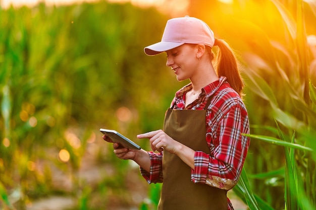 Agrónomo agricultor inteligente con tableta digital para examinar e inspeccionar el control de calidad de la cosecha de maíz. Tecnologías modernas en gestión agrícola y agroindustria