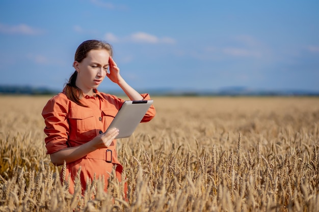 Agrónomo caucásico comprobando el campo de cereales y envía datos a la nube desde la tableta