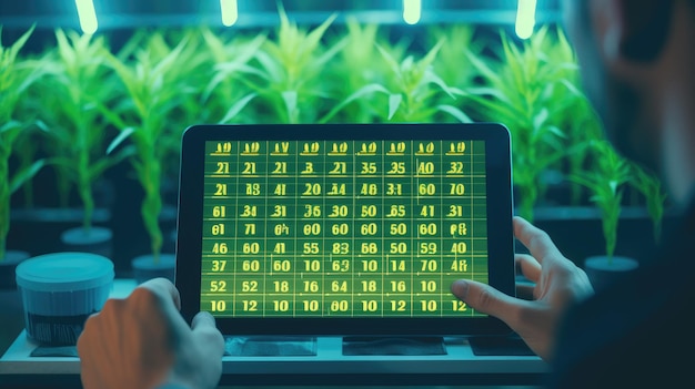 Un agrónomo comprueba el rendimiento con una tableta Éxito de cosecha con nuevas tecnologías IA generativa