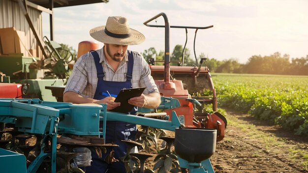 Foto agrónomo eligiendo un nuevo plantador en el terreno al aire libre de la tienda de maquinaria agrícola