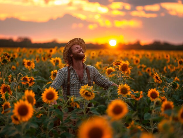 Agrónomo feliz con sombrero en girasoles en flor generativo ai