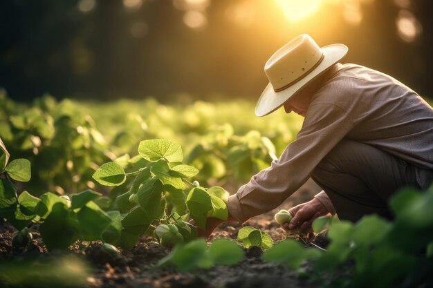 Agrônomo inspecionando o cultivo de soja no conceito de produção agrícola da fazenda