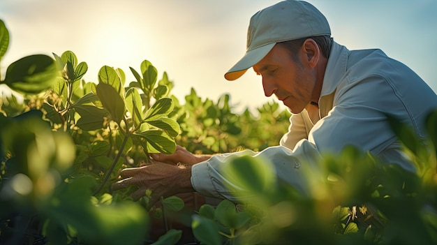Agrônomo segura um laptop e inspeciona plantas de soja em um campo agrícola Agricultor em um campo de soja em uma fazenda
