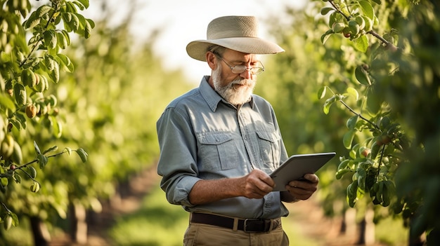 Un agrónomo de sesenta años con barba inspecciona los árboles en un huerto usando una tableta.
