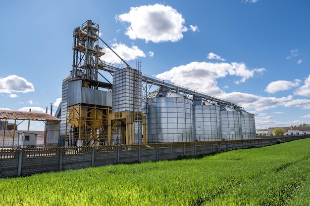 Foto agroverarbeitungs- und produktionsanlage für die verarbeitung und silbersilos für die trocknung, reinigung und lagerung von landwirtschaftlichen produkten, mehl, getreide und getreidespeicher