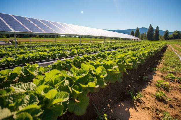 Agrovoltaische Farm mit Solarpanelen über den Pflanzen Nachhaltiges Anbau von Pflanzen unter Solarpanelen Generative KI-Illustration
