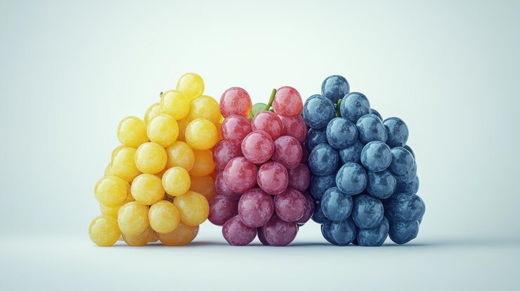 Foto agrupaciones vibrantes de uvas verdes rojas y púrpuras dispuestas artísticamente en una superficie lisa