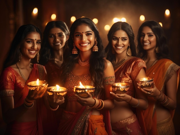 Agrupe lindas mulheres indianas em vestido sarre segurando a lâmpada diwali