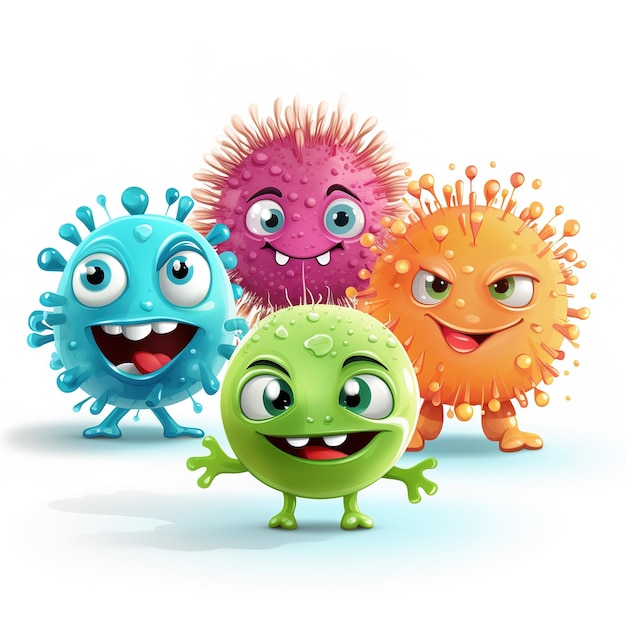 Agrupe personagens engraçados germe micróbios de desenhos animados em estilo 3d em um fundo branco Generative ai