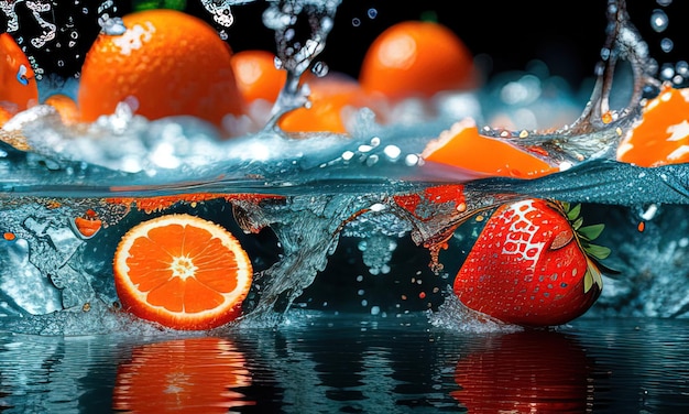 Un agua azul con naranjas y un logo blanco que dice 'naranjas'