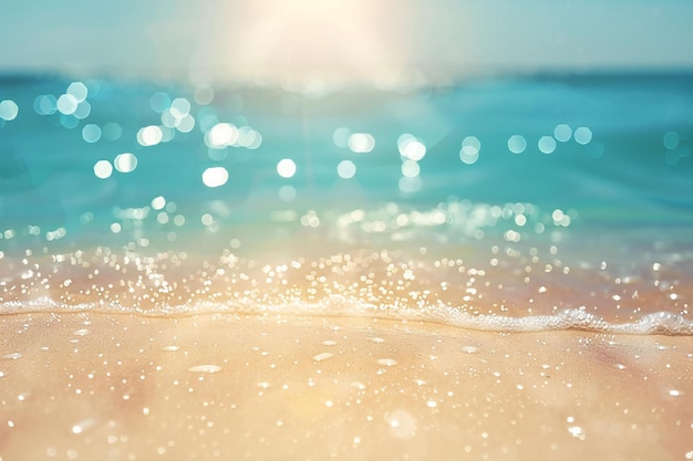 Agua azul y playa de arena del océano con bokeh de luz solar