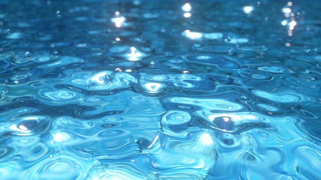 Agua azul pura en la piscina con reflejos de luz.
