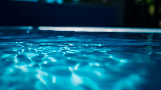 Agua azul pura en la piscina con reflejos de luz.