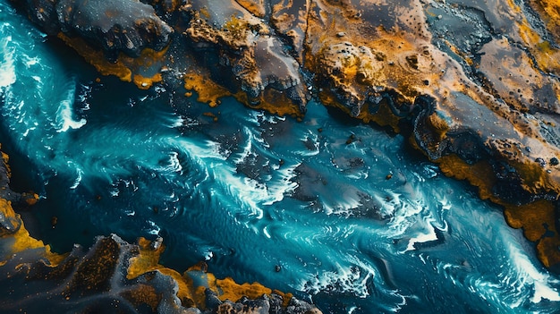 Agua azul que fluye a través del paisaje rocoso como una pintura