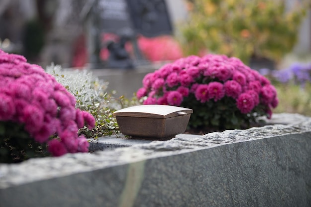 Agua bendita en flores de cementerio de tazón de hierro