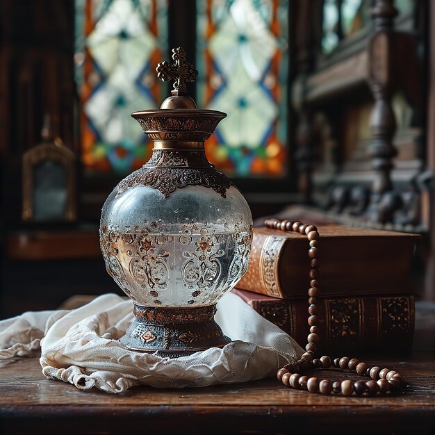 Agua bendita en frasco de cristal con vidriera de libro y cuentas de oración