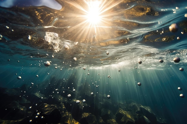 Bajo el agua con burbujas subiendo a la superficie