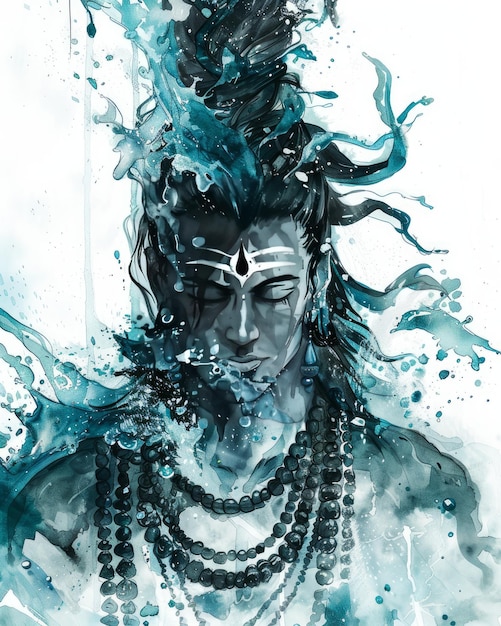 água caindo sobre o deus pintura de rosto de shiv