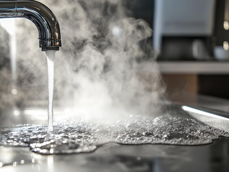 Agua caliente de un grifo de la cocina