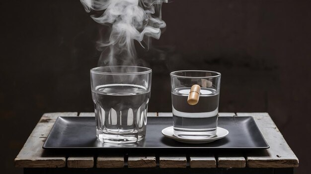 Agua caliente en un vaso de aspirina en un vidrio