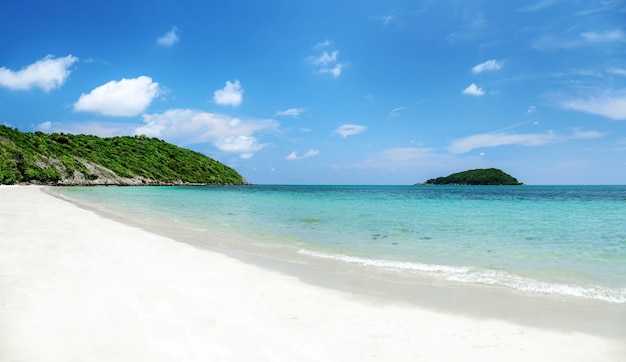 Foto agua clara y cielo azul en la playa de arena tropical en el día soleado de verano