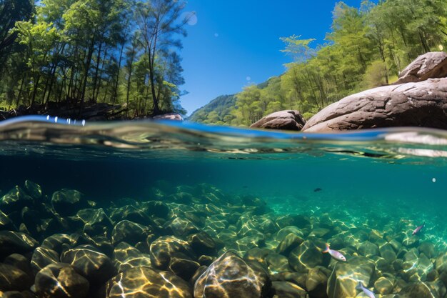 Un agua clara con rocas y árboles al fondo.