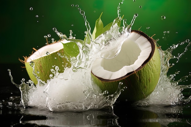 Agua de coco salpicando en un vaso con una salpicadura de agua salpicando a su alrededor.