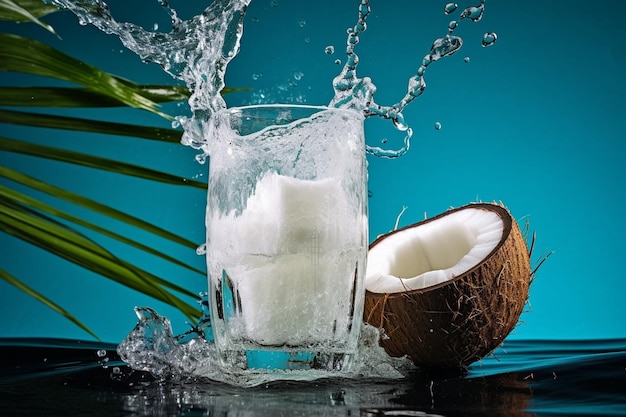 El agua de coco se vierte en un vaso de una botella