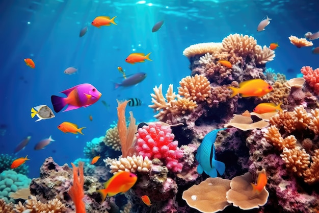 Foto bajo el agua con coloridos peces marinos y plantas en el fondo del mar paisaje de coral colorido