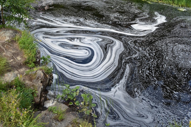 Água contaminada suja na mancha oleosa tóxica do lago na superfície da água