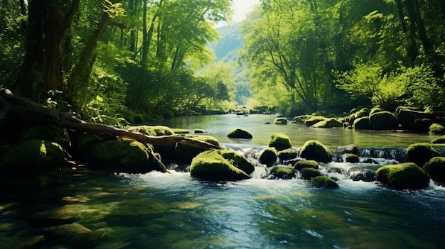 Foto agua corriendo vegetación exuberante y belleza natural