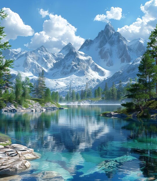 El agua cristalina de un lago de montaña refleja la grandeza de las montañas cubiertas de nieve y el paisaje circundante