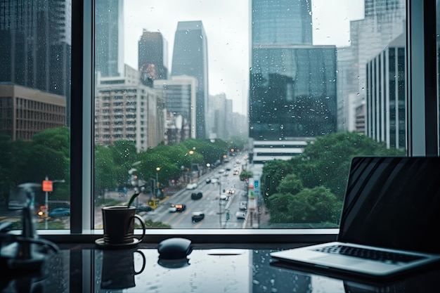 Água da chuva cobrindo a janela do escritório desfocou o horizonte urbano Trabalhador preso no escritório devido à armadilha pós-chuva