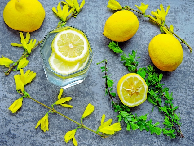 Água de desintoxicação com suco de limão e flores amarelas nos galhos.