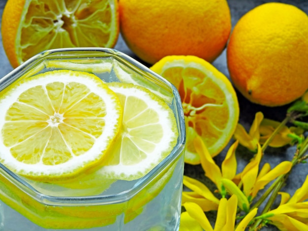 Água de desintoxicação com suco de limão e flores amarelas nos galhos.