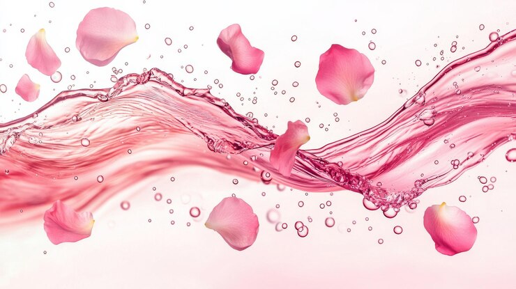Foto água de rosas líquido redemoinho salpico com bolhas e pétalas de rosas caindo cria uma atmosfera serena e refrescante perfeita para temas de beleza e bem-estar