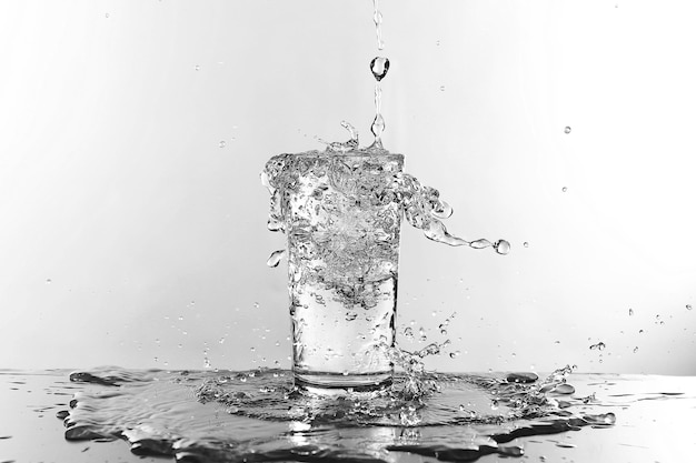 Água derramando em vidro isolado no branco
