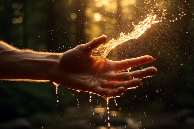 Foto Água derramando na mão em fundo de luz matinal