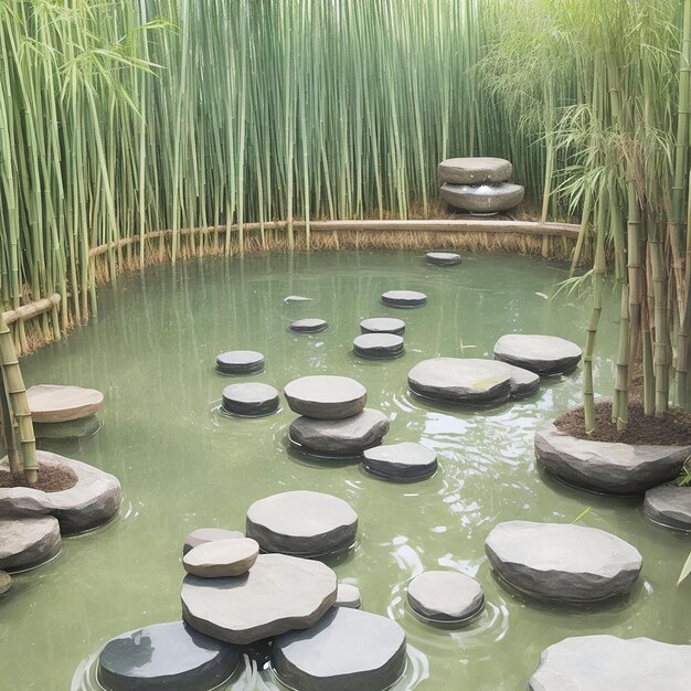 Agua derramándose del bambú en el lago con una pila de piedras zen en el jardín oriental