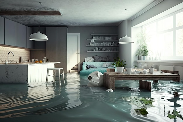 El agua se desbordó e inundó el interior plano del apartamento en amplitud creado con ai generativo