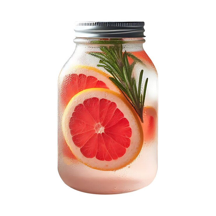 Agua de desintoxicación de romero de pomelo en un frasco de vidrio en una ruta de recorte de fondo transparente