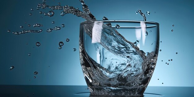 Agua dulce en un vaso con salpicaduras y gotas