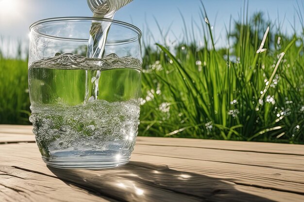 água em vidro com grama verde e fundo desfocadoágua em vidro com grama verde e fundo desfocado