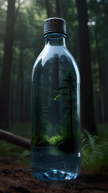 El agua embotellada video iluminación tomas panorámicas en el medio del bosque