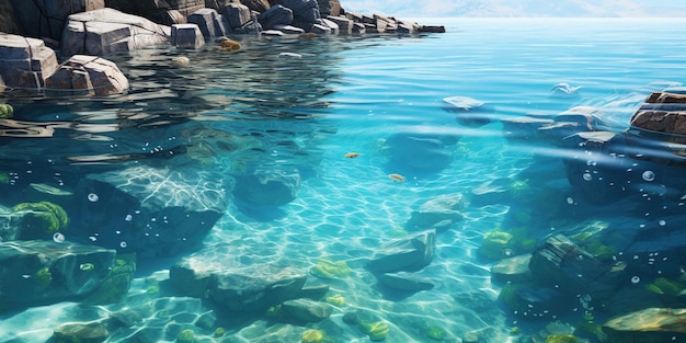 El agua es muy clara y azul con algunas rocas en ella