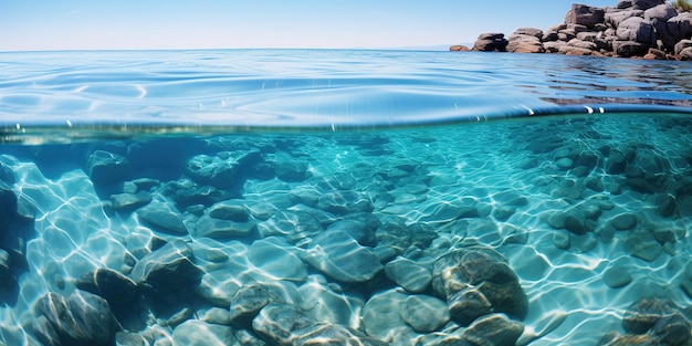 El agua es muy clara y azul con algunas rocas en ella