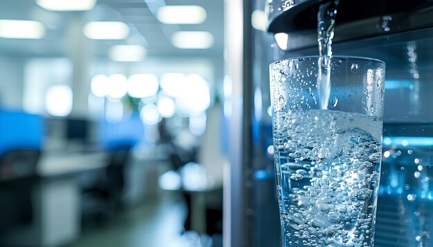 Foto Água flui para um vidro transparente de um refrigerador em um fundo de escritório borrado