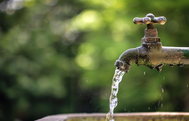 El agua fluye del grifo Un grifo de agua viejo con un gran pico del que fluye agua blanca